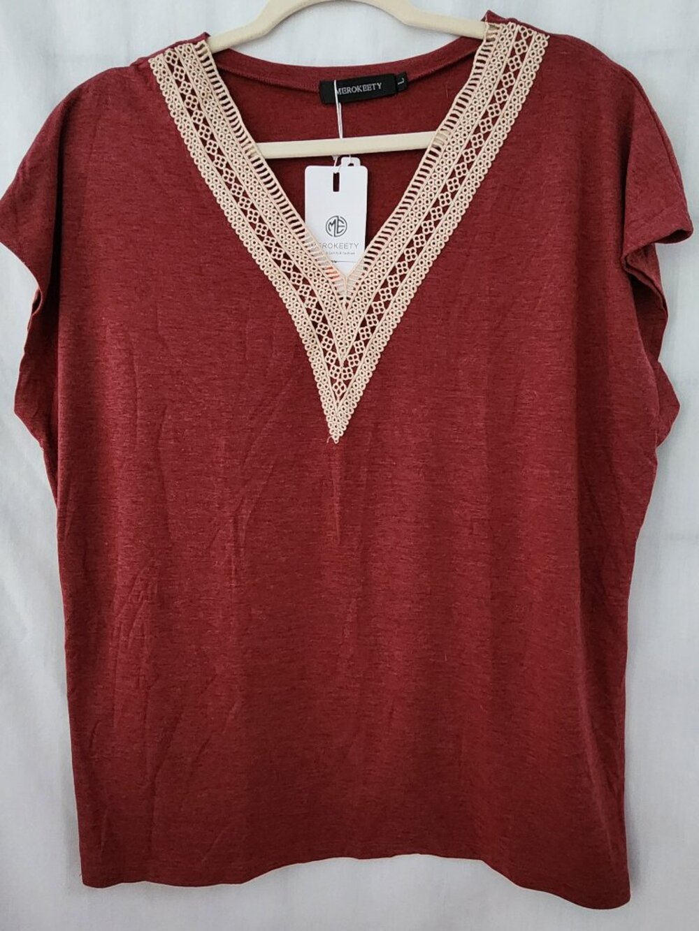 NWT MEROKEETY Wine Lace V Neck Cap Sleeve Top Size L 12-14
